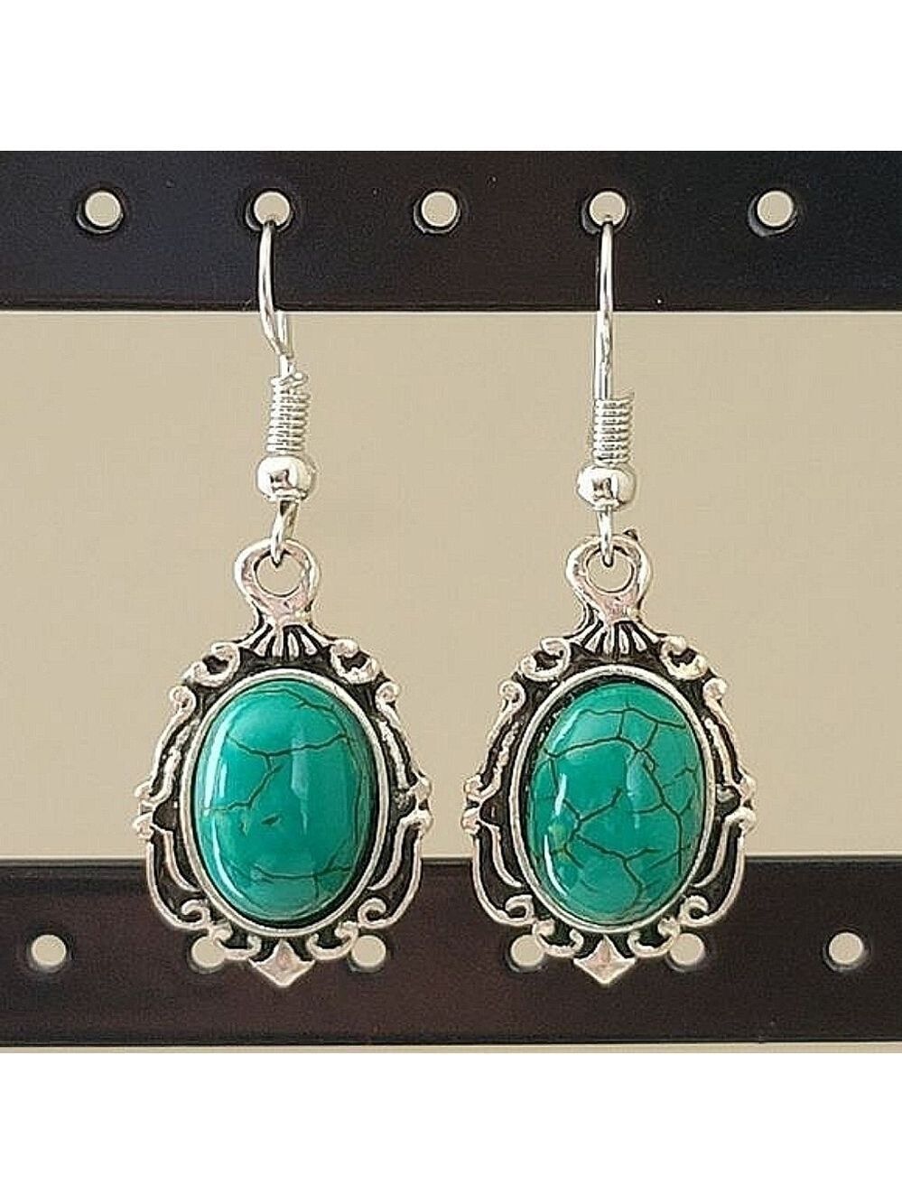 Earrings Silver Tone Turquoise Teal Earrings #0064